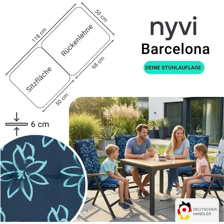 NYVI Hochlehnerauflage Hochlehner Auflagen 6er Set Barcelona - Gartenstuhlauflagen 118x50cm, (6 St), Stuhlauflage, Sitzauflage mit Halteband, UV-fest – Bild 2
