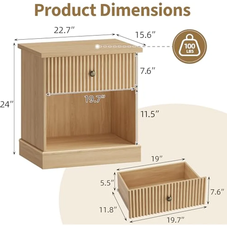 GarveeHome Nachttisch Mit Geriffelten Schubladen Und Offene Lagerung, Kommode Mit Metallgriffen, Nachttisch Mit 45 kg Tragkraft, Für Schlafzimmer Und Wohnzimmer, 57,7 x 39,6 x 61 cm – Bild 2