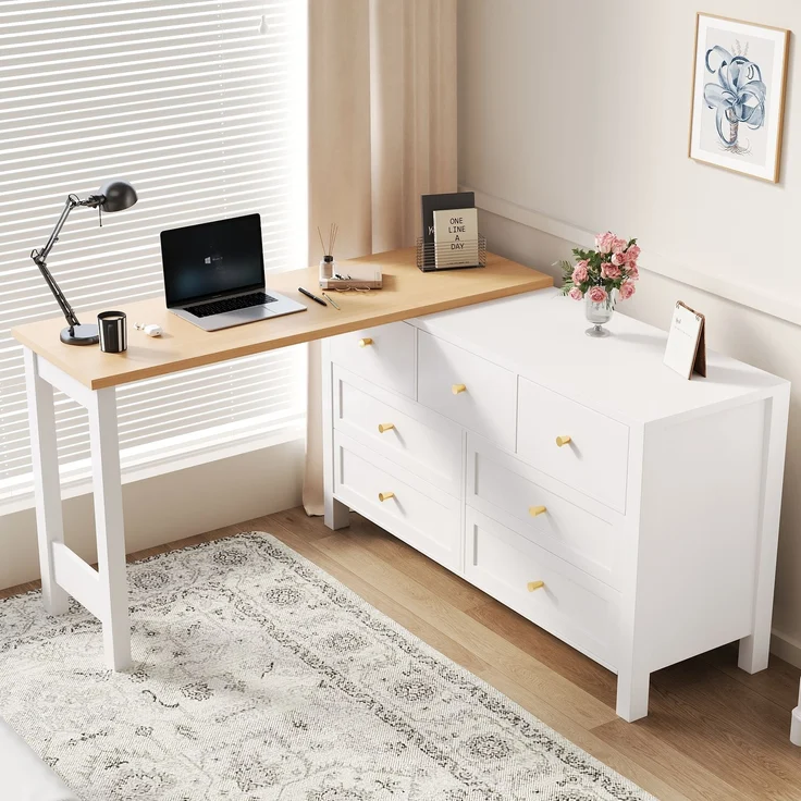 Schreibtisch mit 7-Schubladen Kommode -2-in-1 Drehwerkbank und Sideboard, Eichenoptik, 360° drehbare Tischplatte, weiß / natur, Schreibtisch, Frisiertisch, L-förmiger Eckschreibtisch – Bild 2