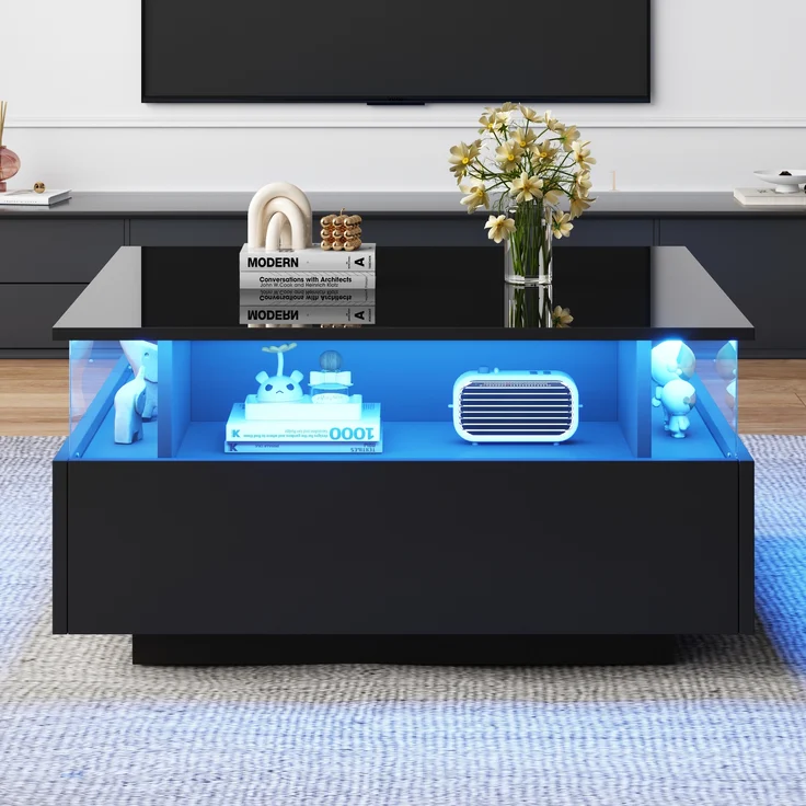 Couchtisch, Hochglanz, mit LED-Beleuchtung, 2 Schubladen & transparentem Display, 70x70x41 cm, Schwarz – Bild 3