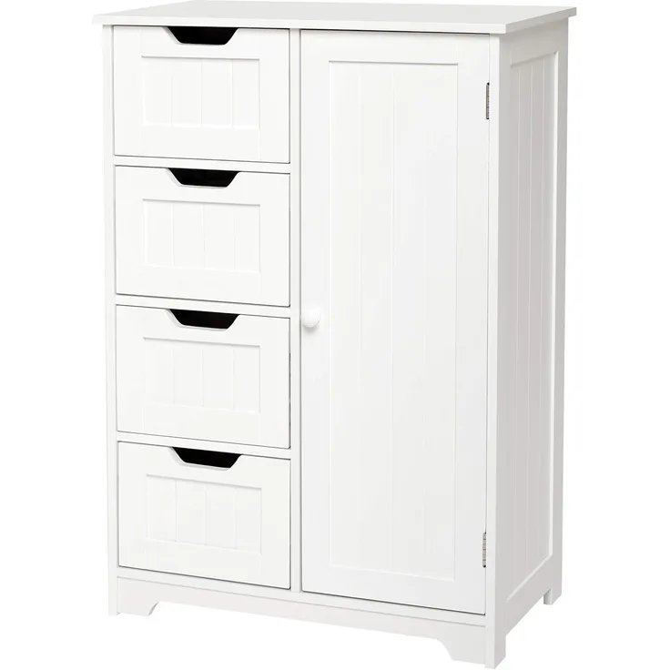 Meerveil Badezimmerschrank mit 4 Schubladen und 1 Tür moderner Stil für Bad Wohnzimmer Schlafzimmer Flur Küche, Weiß, 56 x 30 x 82. 5 cm