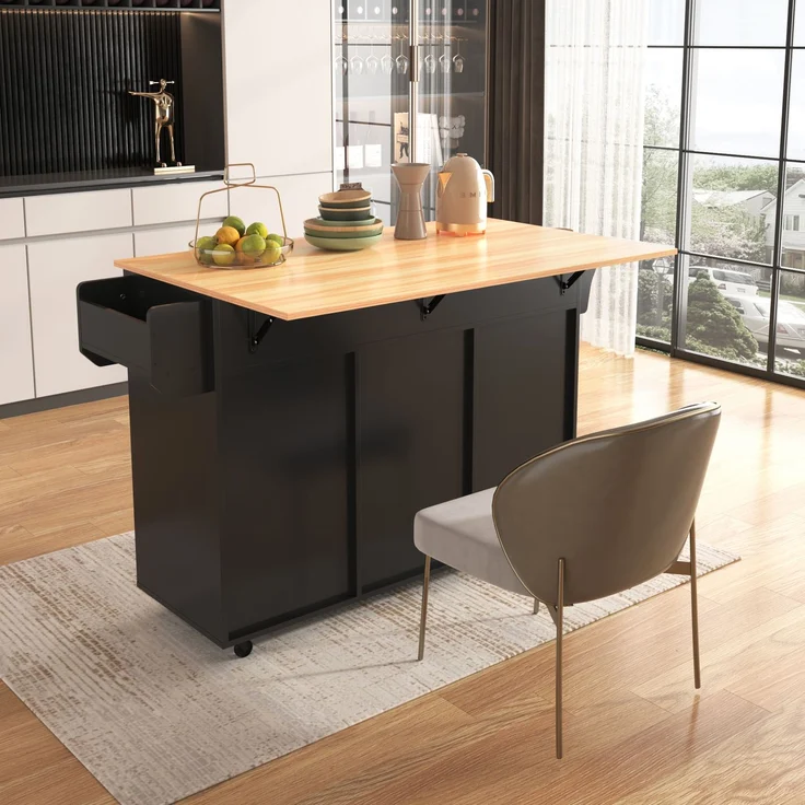 Küchenwagen B 139 x T 46(71) x H 91,5 cm aus MDF, schwarz/natur, mit klappbarer Arbeitsplatte – Bild 2