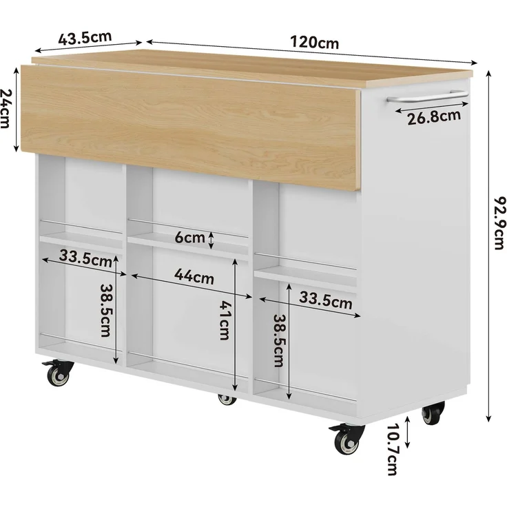 ZUBALIYA Küchenwagen 120 cm Arbeitsplatte – klappbare Arbeitsplatte, Schublade und 2 Schränke, 5 Rollen, 2 mit Bremse, Gewürzregal und Handtuchhalter, MDF, Weiß, Eichenoptik – Bild 9