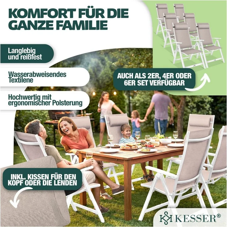 KESSER® Gartenstuhl, Hochlehner mit Armlehnen, Aluminium-Klappstuhl mit Kopfkissen & Cover, 7-fach verstellbare Rückenlehne, atmungsaktiv & wetterfest, klappbar & anti-rutsch, taupe – Bild 2