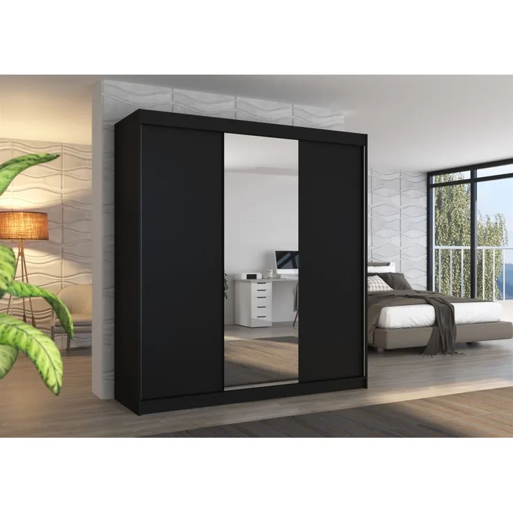 Schiebetürenschrank Schrank Nr. 440 in Schwarz matt- Spiegel 200 x 215 x 58 cm