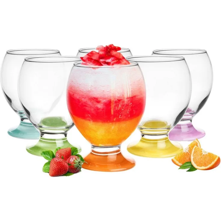 6 Trinkgläser mit buntem Fuß 280ml, Wassergläser, Saftgläser, Softdrinkgläser
