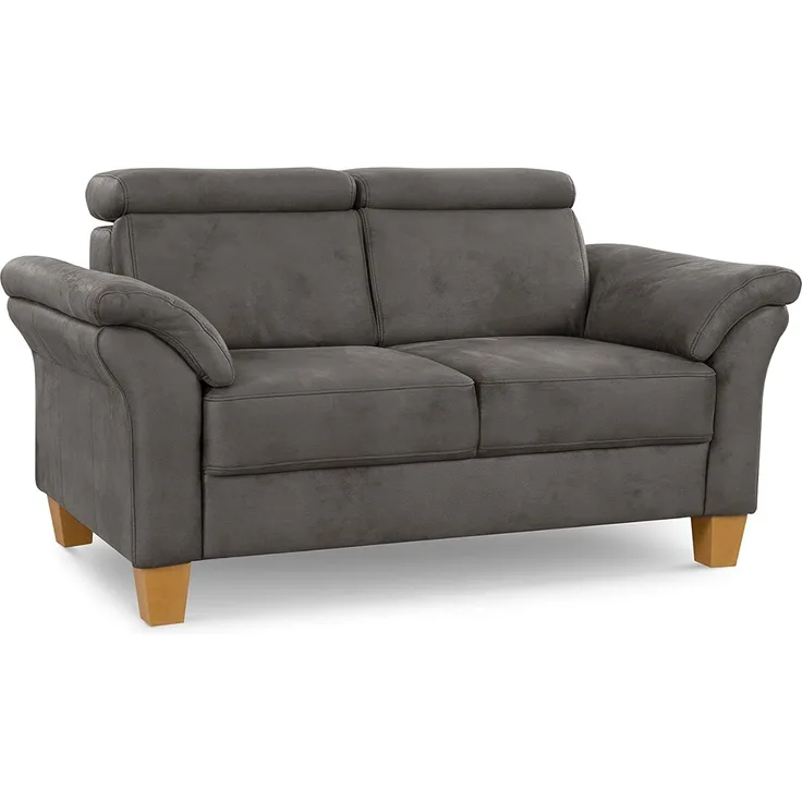Cavadore 2-Sitzer-Sofa Ammerland / 2er-Couch im Landhausstil mit Federkern + verstellbaren Kopfstützen / 156 x 84 x 93 / Wildlederoptik, Grau