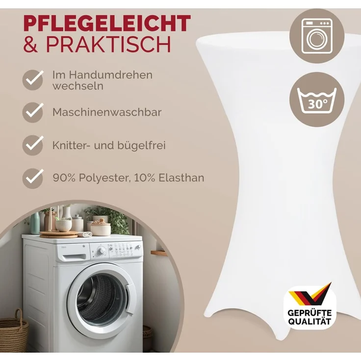 DETEX® Stehtischhusse 5er Set Weiß 60-65cm Verstärkter Fußbereich 30°C Waschbar Stehtisch Hussen Stretch Tisch Überzug – Bild 5