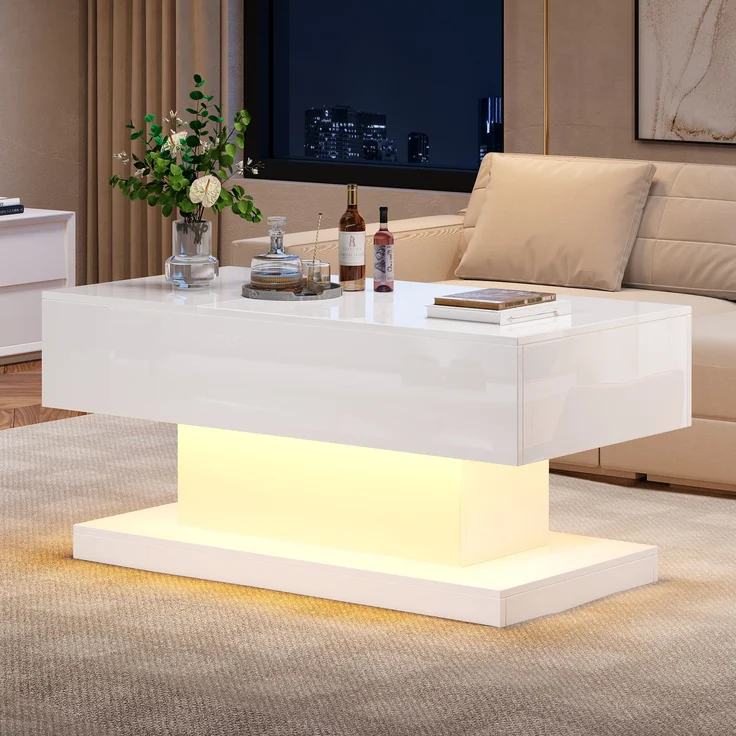 Couchtisch, mit hydraulischem Lift, schiebbarer Platte & LED-Beleuchtung, 100x50x45 cm, Weiß – Bild 3