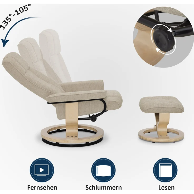 M MCombo Relaxsessel mit Hocker, 360° Drehbarer Fernsehsessel mit Liegefunktion, bis 120 Kg Belastbarer TV-Sessel, Moderner Ruhesessel für Wohnzimmer, Stoff, 9019 (Beige-Stoff) – Bild 4