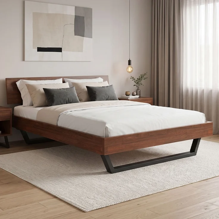 skølm 'Alver' Bett 140x200 cm, Bettgestell, natur geölt, Massivholzbett aus Eiche mit Metallkufen, Walnuss Optik, Bettkopf 1 Strebe – Bild 1