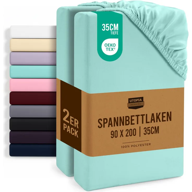 Utopia Bedding - 2er Set Spannbettlaken 90x200 cm - Spa Blau - Oeko-Tex Zertifiziertes - Gebürstete Mikrofaser Spannbetttuch - 35 cm Tiefe Tasche