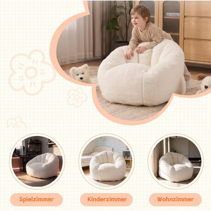 Sitzsack, weicher Plüsch-Sitzsack, bequemer Sitzsack, geeignet für Spielzimmer, Leseecke, Wohnzimmer und Kinderzimmer, für Jungen und Mädchen – klein--Beige--75x70x52cm--YOUDENOVA – Bild 5