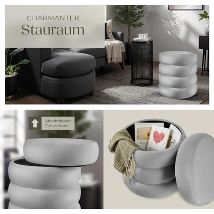 tectake® Hocker mit Stauraum, Scandi Sitzhocker Samt Stoff, Pouf, Polsterhocker rund für Schminktisch, Schlafzimmer, Wohnzimmer Möbel, als Flur Möbel, Stauhocker Wohnen - Samtoptik grau – Bild 7