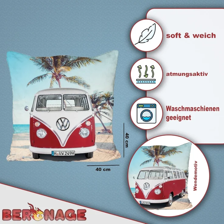 BERONAGE Dekokissen VW Volkswagen Bulli T1 Rot 40 x 40 cm Kissen pass. zur Bettwäsche 172, kuschelweich – Bild 2