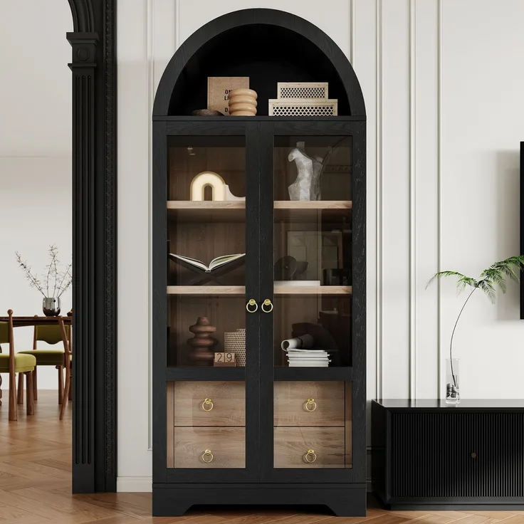 ZUBALIYA Highboard mit verstellbaren Regalböden und Schubladen / Küchenschrank mit transparentem Glas und großem Stauraum, mit ideal für Esszimmer und wohnzimmer und Küche (Schwarz)