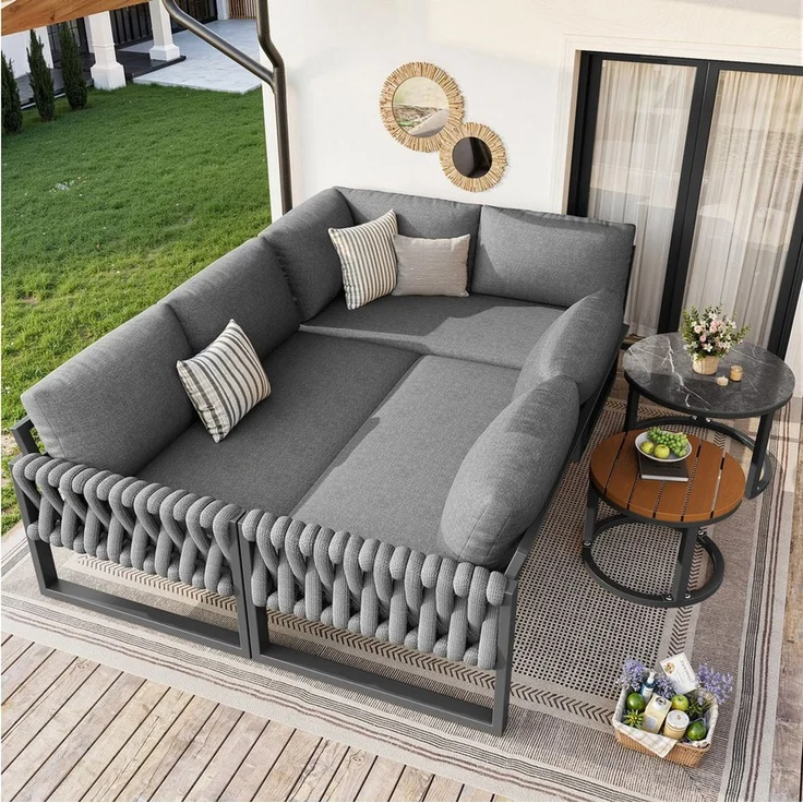 Merax Gartenlounge-Set L-förmiges Gartensofa-Set aus Eisen, (Gartenlounge Set mit verstellbaren Beinen & abnehmbaren Kissen, 5-tlg), 6-Sitzer Gartenmöbel Sitzgruppe mit Couchtische, 2-Sitzer-Sofa,Ecksofa – Bild 2
