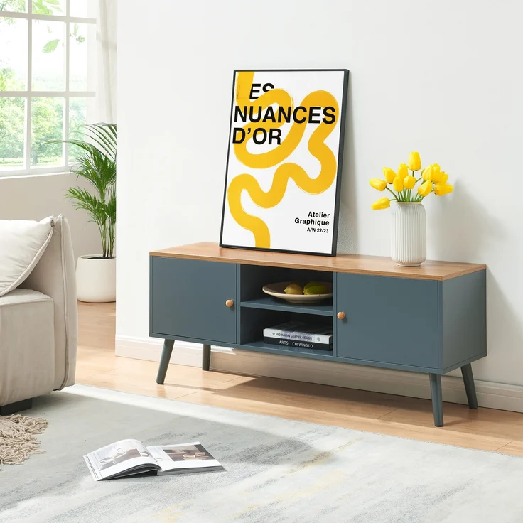 Fernsehschrank Reyljand mit 2 Türen 120x35x50 cm Grau/Eicheoptik [en. casa] – Bild 1