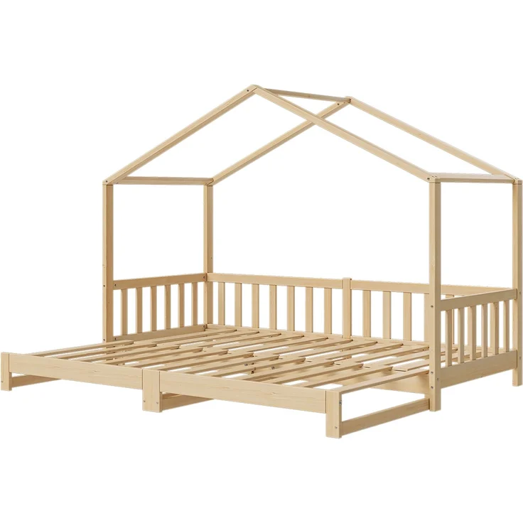 Bellabino 'Bia' Hausbett 90x200 cm/180x200 cm mit 2x 90x200 cm Matratze, natur, Kiefer Massivholz, Bodenbett in Hausoptik, ausziehbares Kinderbett mit Lattenrost – Bild 2