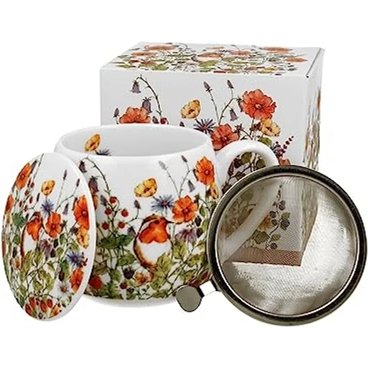 DUO FLORAL Fassbecher 430 ml WILD BIRD mit Teesieb, New Bone China Porzellan