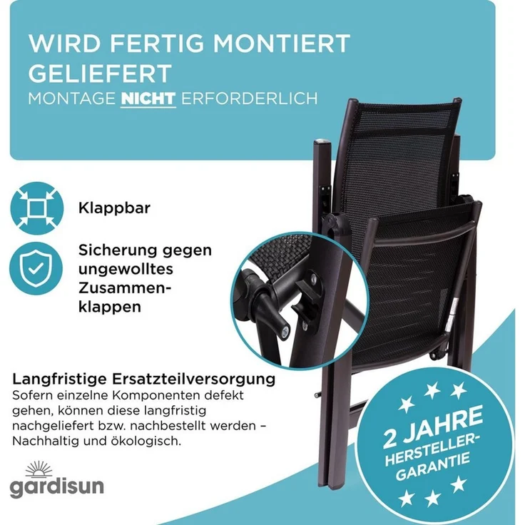 Gardisun Gartenstuhl Gartenstuhl Hochlehner Klappbar (2-fach pulverbeschichtet und wetterfest, 1 St), 5-fach verstellbar, erhätlich in Anthrazit & Silber – Bild 4