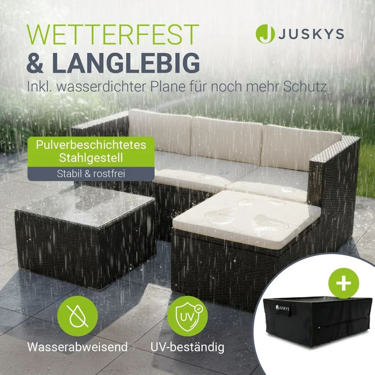 Juskys Polyrattan Lounge Punta Cana M schwarz inkl. Abdeckung – Gartenlounge Set für 3-4 Personen – Sitzgruppe mit Sofa, Tisch & Hocker - Sitzbezüge in Creme – Bild 2
