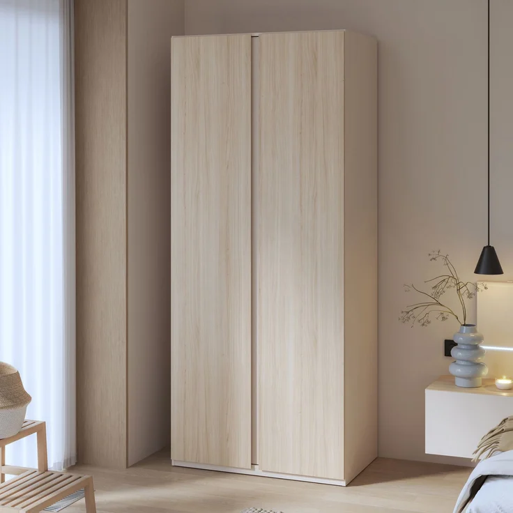 Forte PANOPTIK Kleiderschrank 90, schmaler, moderner Schrank, 2-türig, Schlafzimmer, Flur, Jugendzimmer, Holzwerkstoff, Kaschmir|Beige|Riva Eiche Holzdekor, 48 cm breit x 210,5 cm hoch x 54,2 cm tief – Bild 1