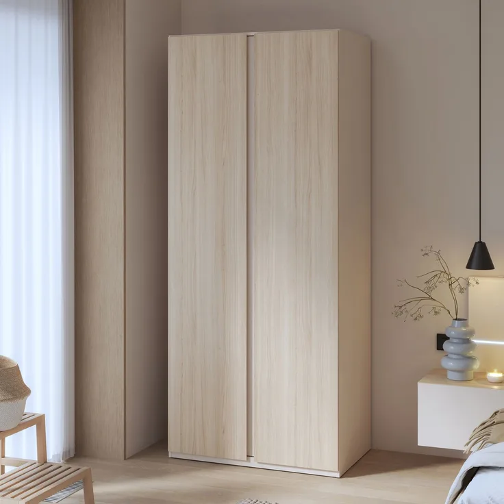 Forte PANOPTIK Kleiderschrank 90, schmaler, moderner Schrank, 2-türig, Schlafzimmer, Flur, Jugendzimmer, Holzwerkstoff, Kaschmir|Beige|Riva Eiche Holzdekor, 48 cm breit x 210,5 cm hoch x 54,2 cm tief