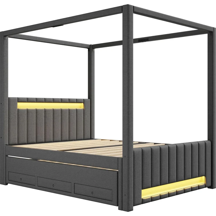 140x200 cm großes Polster-Himmelbett mit Ausziehbett und drei Schubladen, LED-Beleuchtung, Grau – Bild 7
