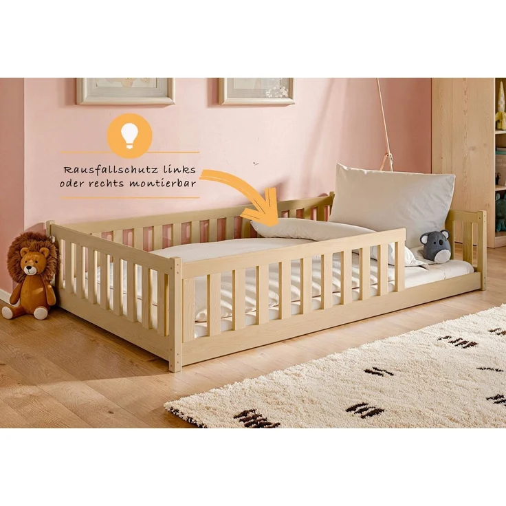Kids Collective Kinderbett Bodenbett 120x200 cm mit Rausfallschutz & Lattenrost Montessori Bett Bed Gitterbett Kinder Jugendbett Einzelbett | Natur – Bild 4