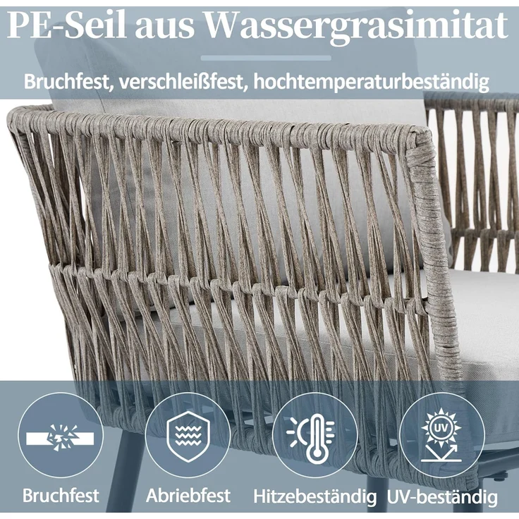 Ball & Cast Gartenmöbel Set für 4 Personen, Balkonmöbel mit 2-Sitzer Sofa, Couchtisch und 2 Sesseln, Lounge Möbel Outdoor mit Glastischplatte und Geflochtenes PE-Seil aus Wassergrasimitat, Grau – Bild 8