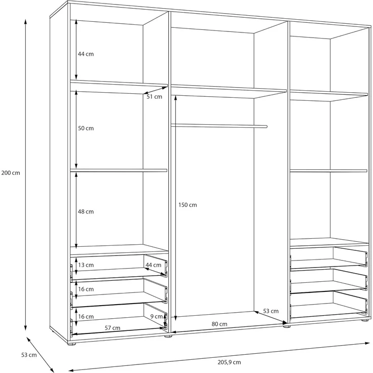 Forte MOKKARO Kleiderschrank 205, Geräumiger Schrank mit 4 Drehtüren und 6 Schubladen, Artisan Eiche Dekor/Salbei, 205,9 cm breit, 200 cm hoch, 53 cm tief – Bild 7