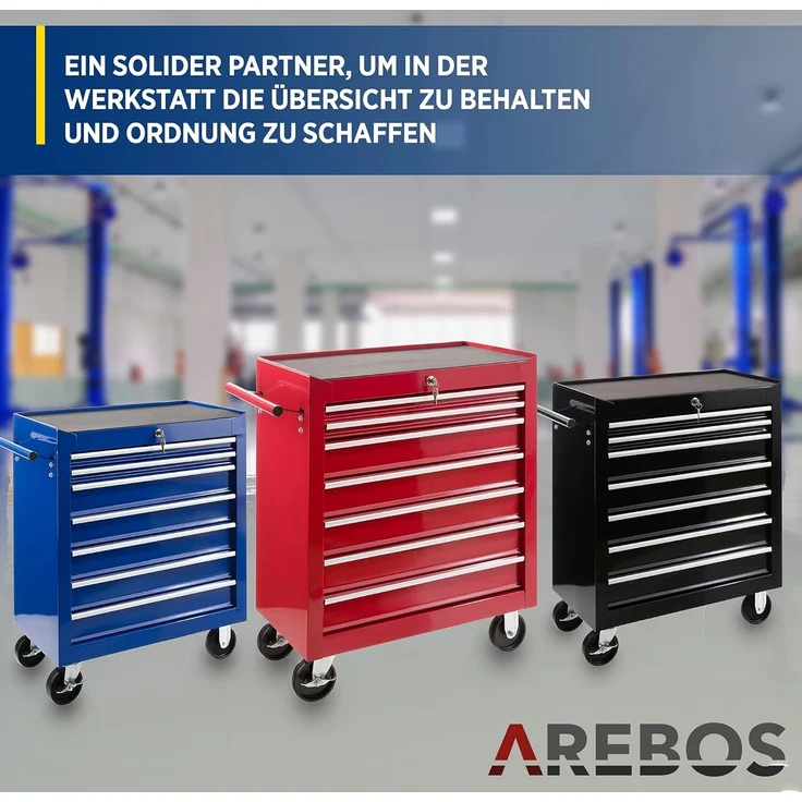 Arebos Werkstattwagen 7 Fächer, zentral abschließbar, inkl. Antirutschmatten, rot, (Werkzeug Rollwagen 7 Fächer) – Bild 7