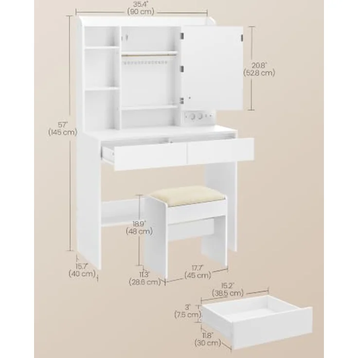 VASAGLE Schminktisch mit Beleuchtung und Hocker Set | Kosmetiktisch mit Spiegel und 2 Schubladen, Steckdosen, Gepolsterter Hocker, für Schlafzimmer, Weiß RDT143WB01-01 – Bild 3