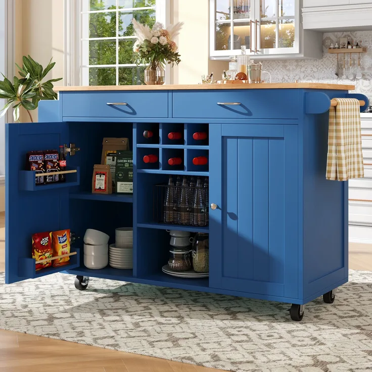 Abrihome Kücheninsel mit Holzmaserung und Stauraum, Blau, 92x45x102 cm