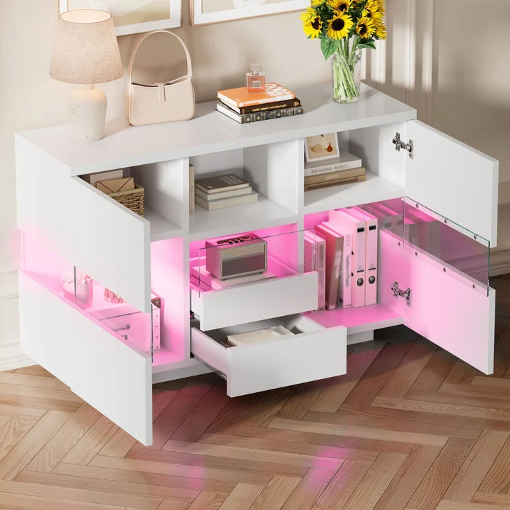 Wohnzimmerschrank aus Holzwerkstoff mit Glasvitrine & LED, 140x35x75 cm, Weiß – Bild 4