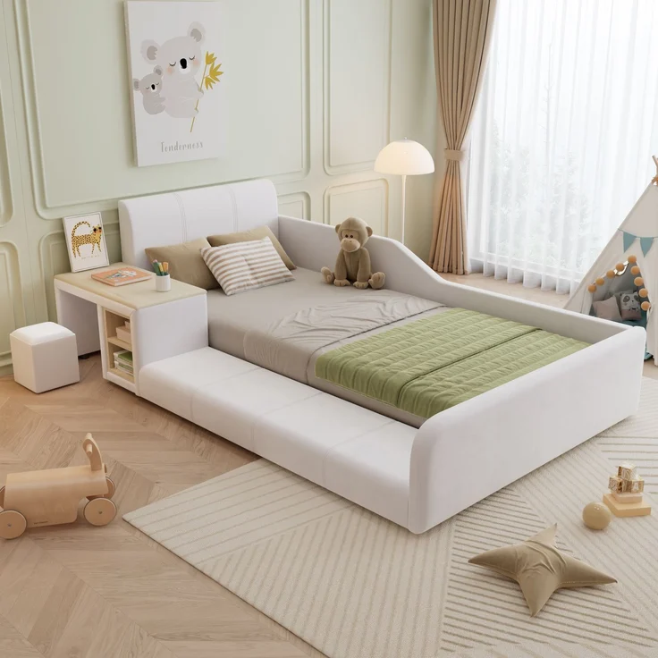 Polsterbett, Einzelbett mit Kinderschreibtisch und Hocker, Mit Ablageboden, Weiches Kopfteil, Kinderbett mit Holzlatten, Samt, Weiß, 90x200 cm – Bild 4