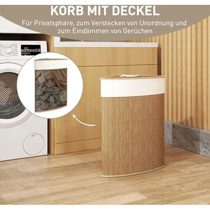 HOMCOM Wäschekorb 55 L Eckwäschekorb mit herausnehmbarem, waschbarem Innenbeutel (mit Deckel, 1 St, dreieckiger Wäschesammler aus Bambus), 35 x 35 x 60 cm, Braun – Bild 4