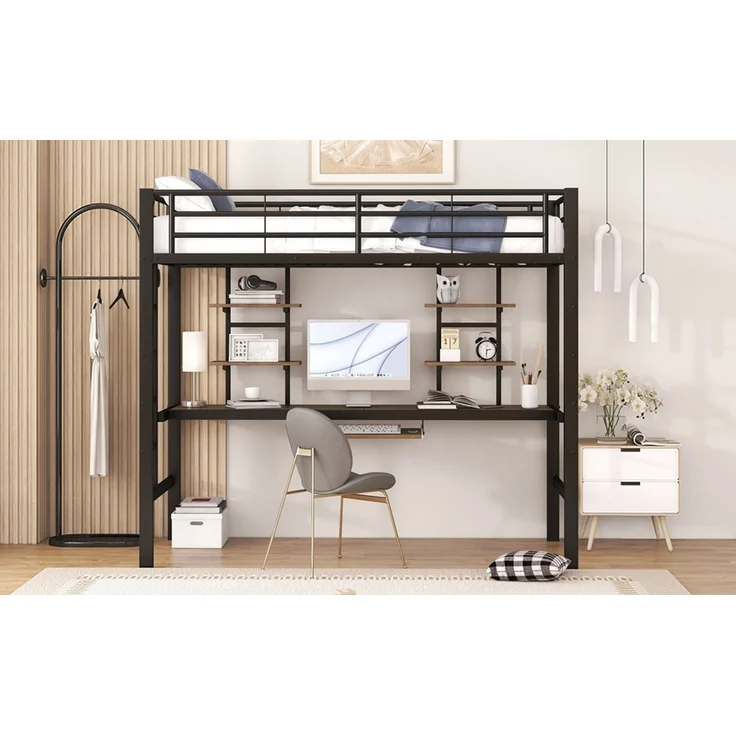 EINHOM Bettgestell Metallbett, Eisenbett, Hochbett mit Schreibtisch und Zwei Bücherregalen für Kinder, Jugendliche und Erwachsene, 90 x 200 cm, Schwarz (Ohne Matratze) – Bild 6