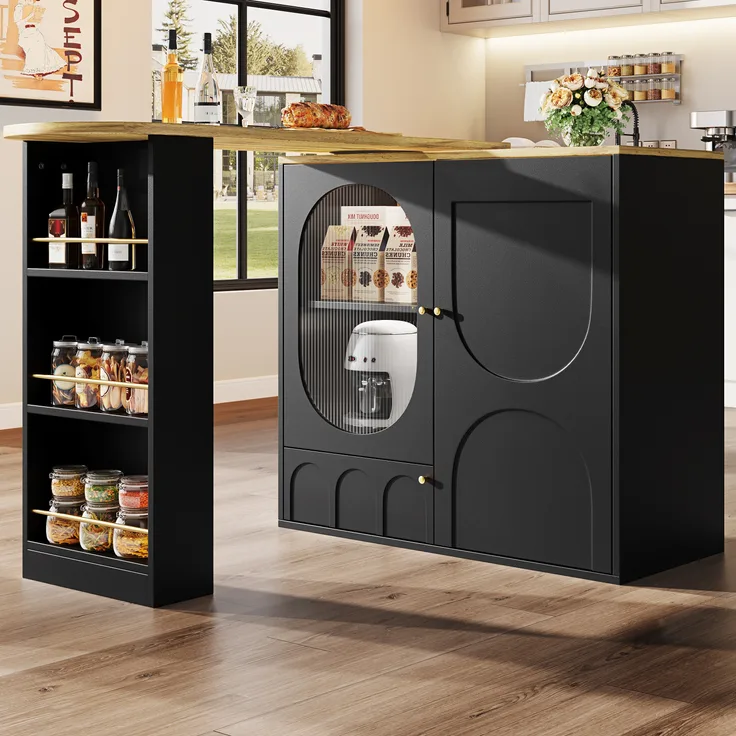 Bartisch/Kücheninsel ausziehbar B 138–204 x T 39 x H 105 cm, 360° drehbar, Stauraum, Schwarz