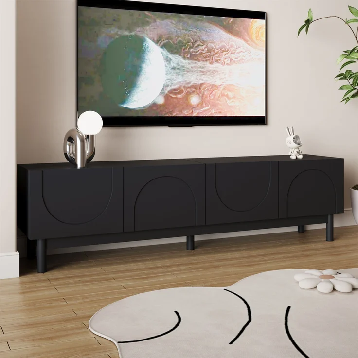 TV-Schrank Lowboard mit gewölbten Türen, schwarz, 169x35x45,5 cm – Bild 2