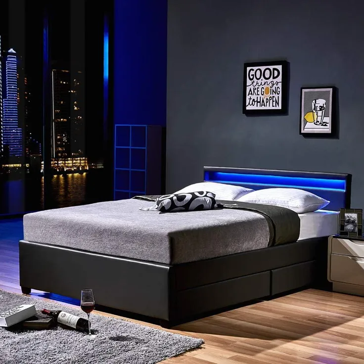 Home Deluxe - LED Bett NUBE - Dunkelgrau, 140 x 200 cm - inkl. Lattenrost und Schubladen I Polsterbett Design Bett inkl. Beleuchtung