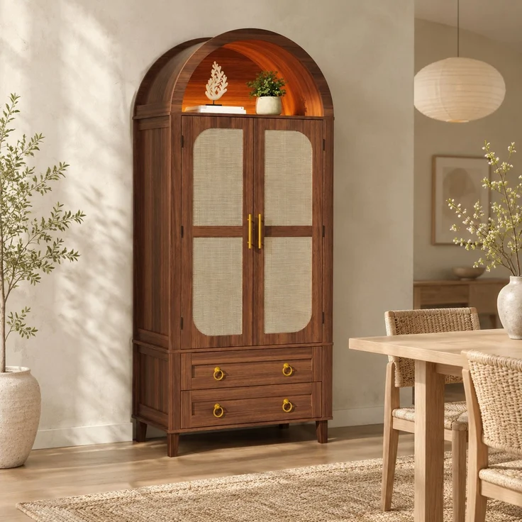 DESVIAE Sideboard Nussbaum aus MDF/Spanplatte – 76x179,5x40 cm – LED-Beleuchtung, 2 Schubladen – Bild 1