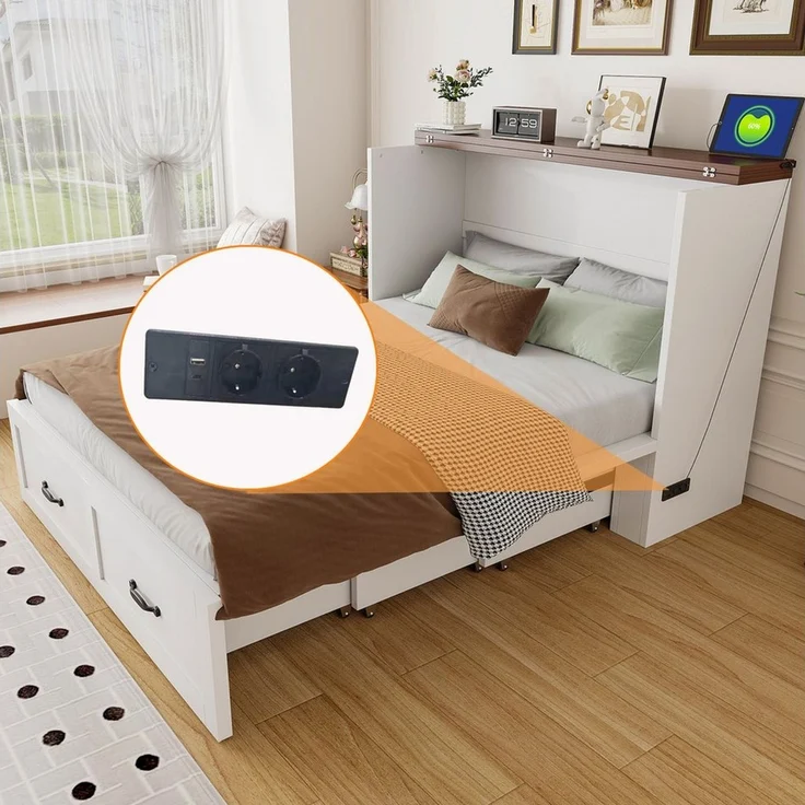 Flieks Schrankbett Klappbett Ausziehbett Holzbett 140x200cm mit Steckdose – Bild 4