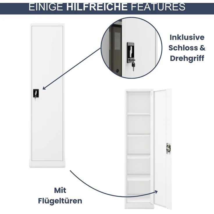 Aktenschrank abschließbar KADO - 5 Ebenen verstellbar, Flügeltüren | Metallschrank Werkstatt Mehrzweckschrank Büroschrank aus Stahl Werkzeugschrank, 185x45x40cm Weiß – Bild 5