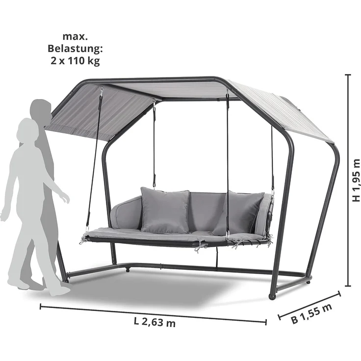 Leco 'Laureen' Hollywoodschaukel mit Polsterauflagen, Kissen & Sonnendach, grau, 264 x 185 x 195 cm – Bild 5