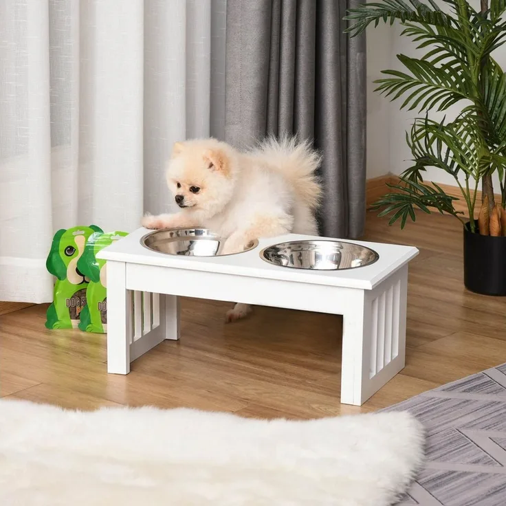 PawHut Futternapf mit 2 Schalen, 900 ml pro Napf, Edelstahl, mit Napfständer, für sehr kleine und kleine Hunde, Weiß