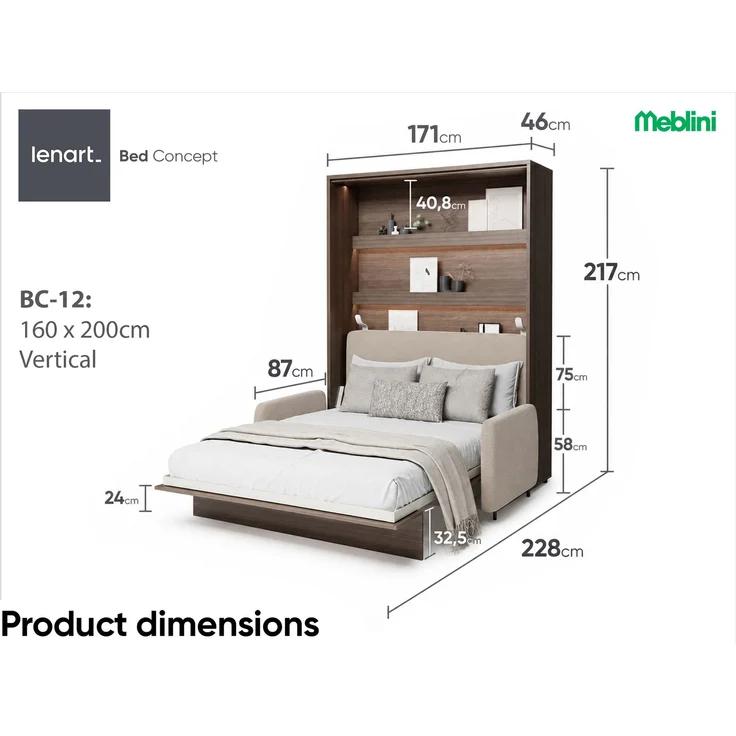 MEBLINI Schrankbett BC-12 - 160x200cm Vertikal - Dunin Eiche/Beige - mit Sofa - Wandbett mit Lattenrost - Klappbett mit Schrank - Wandklappbett - Murphy Bed – Bild 7