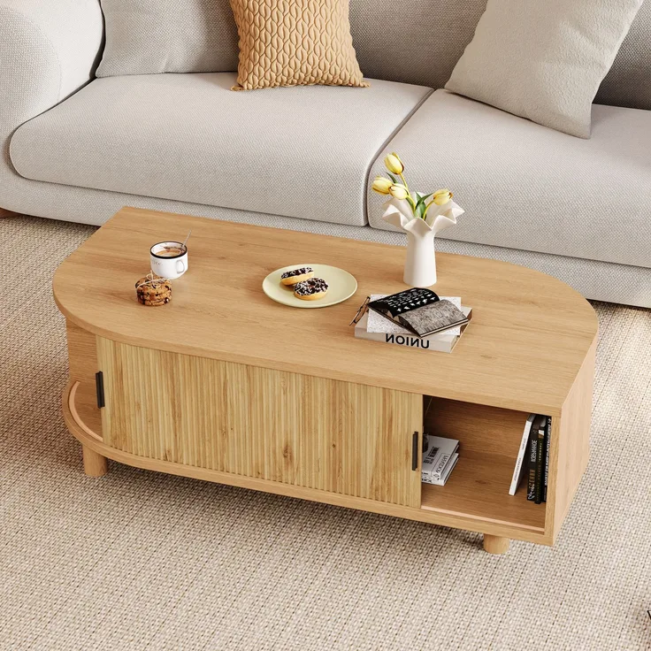 Couchtisch B 100 x T 50 x H 35 cm mit 2 Rolltüren und Stauraum, MDF und Spanplatte