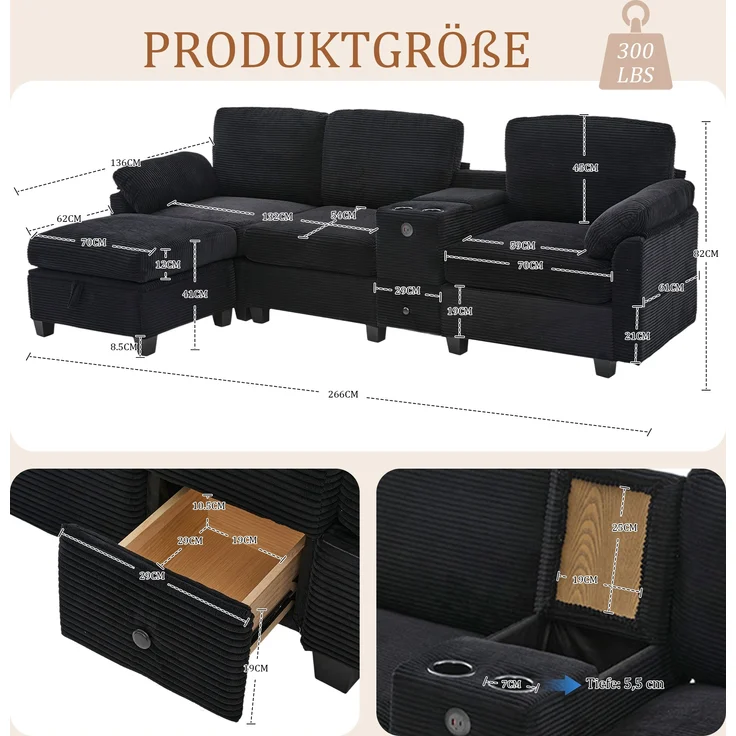 LVHOM 3-Sitzer Sofa mit Hocker, L-Form Ecksofa mit Stauraum, USB-C-Anschluss und 2 Getränkehaltern, modulares Sofa, Schwarz – Bild 7